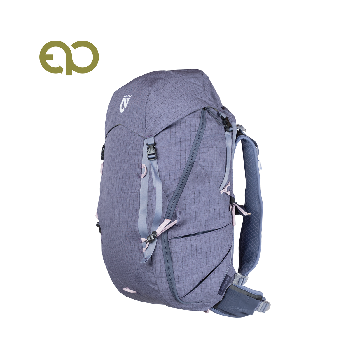 Nemo Resolve Women's 35L in Blue Granite, front three-quarter view with hip belt and Endless Promise logo