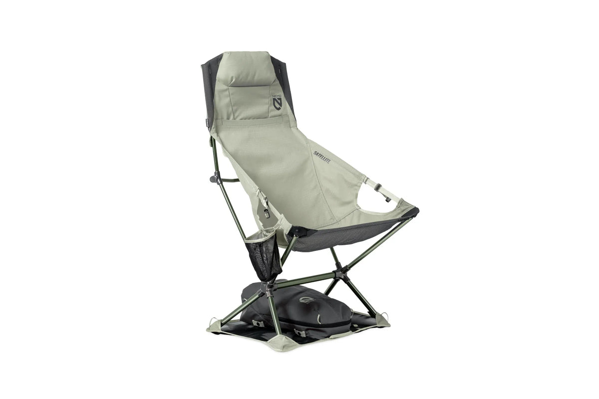Nemo Satellite reclining chair in Marsh sage green on its unfolded carry case