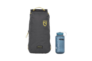 Nemo Satellite carry case in Goodnight Gray with yellow trim beside a drink bottle