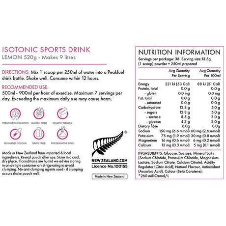 Peakfuel Lemon Isotonic Sports Drink nutrition information, directions and ingredient list