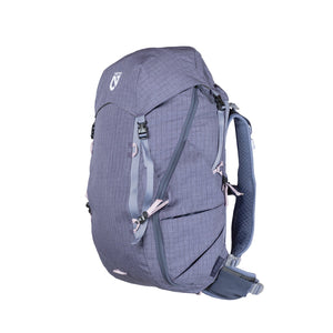 Nemo Resolve Women's 35L in Blue Granite showing front buckle strap and shoulder harness