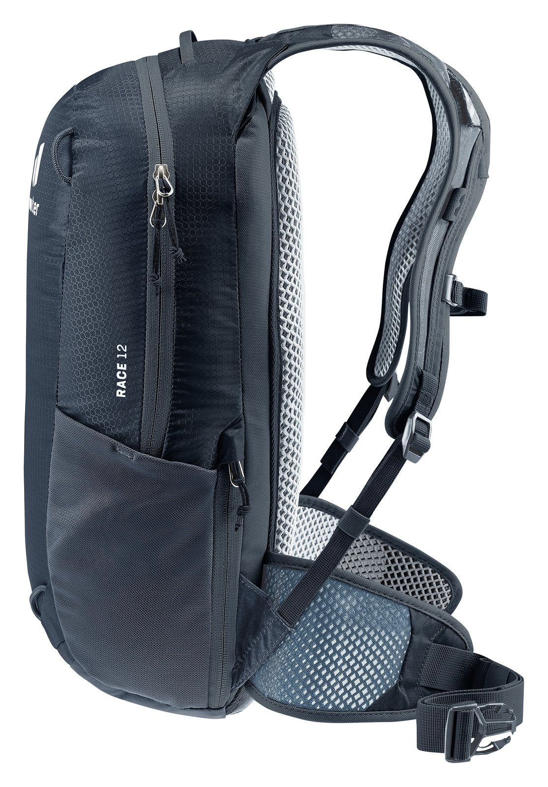 Deuter Race 12 side view showing the side pocket and hip fin