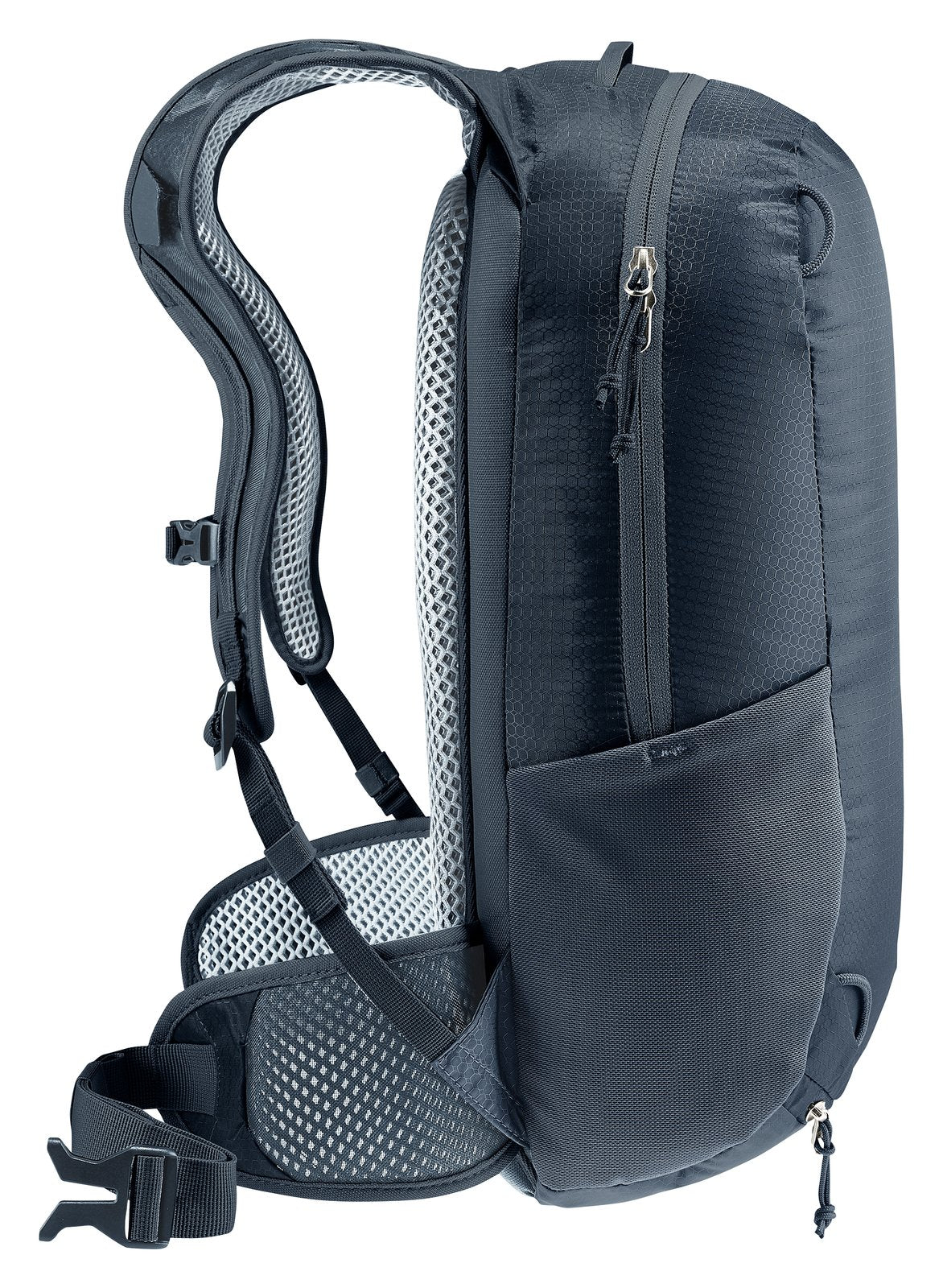 Deuter Race 12 side profile showing the slim body and stretch side pocket