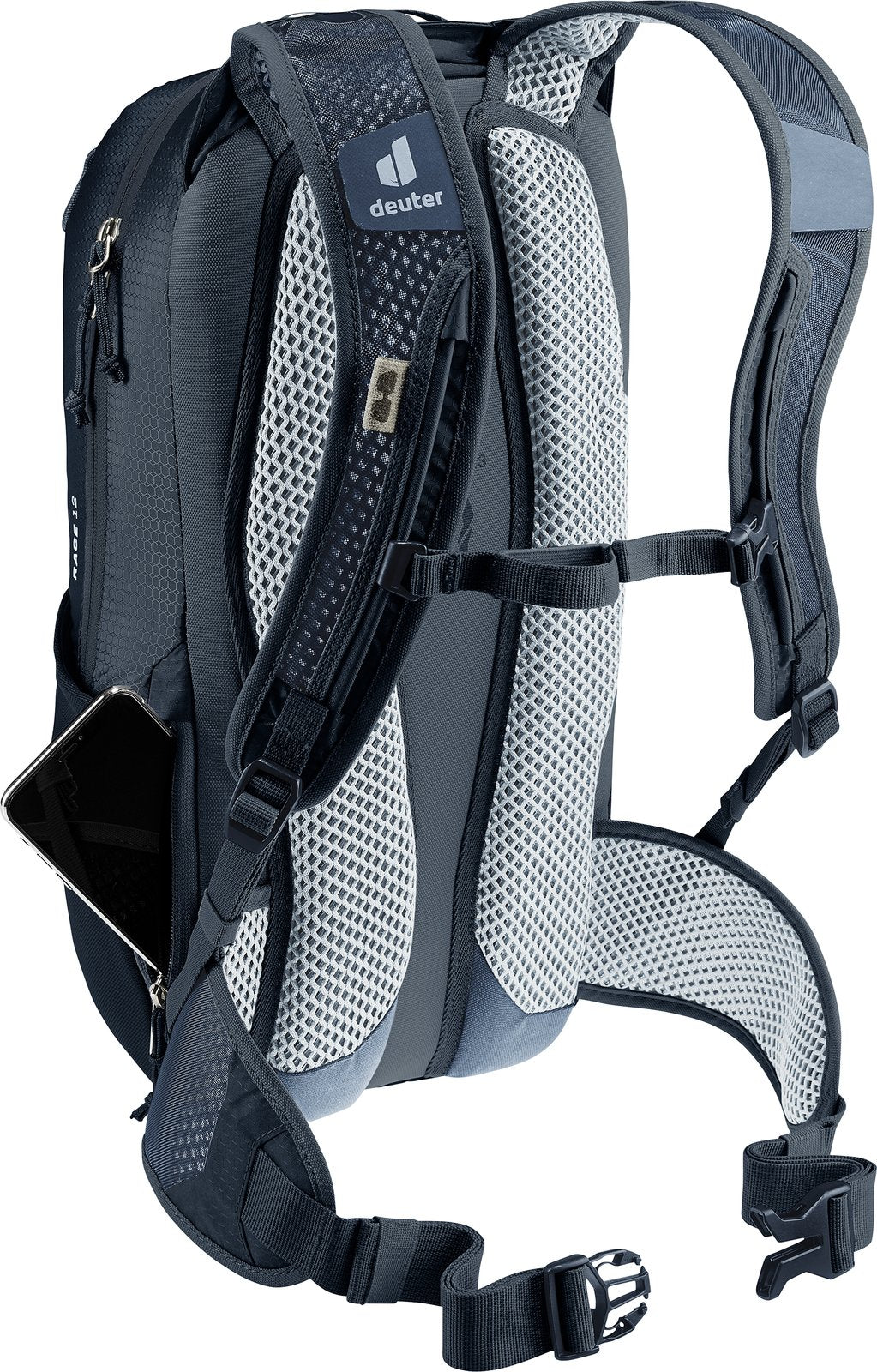 Deuter Race 12 with a smartphone in the side cell phone pocket