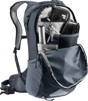 Deuter Race Air 10 front pocket open showing the tool organiser, pump and wallet