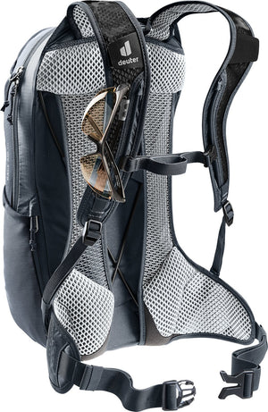 Deuter Race Air 10 with sunglasses clipped in the glasses stow on the shoulder strap