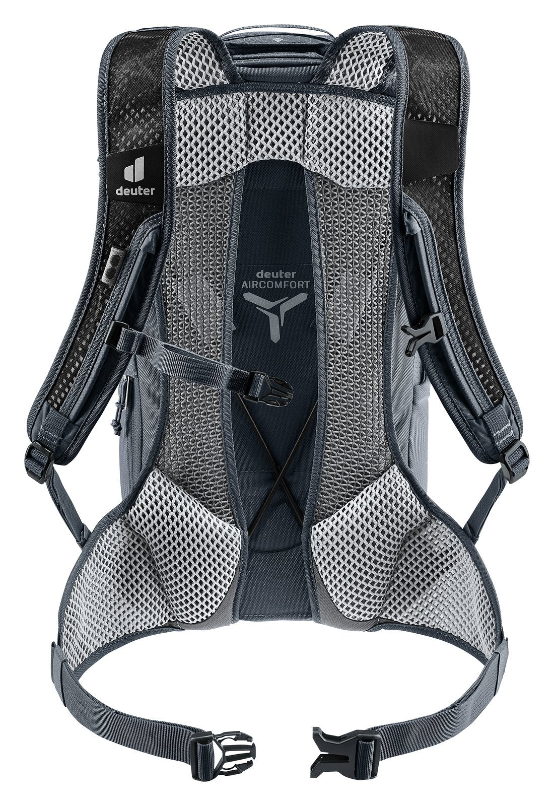 Back of the Deuter Race Air 10 showing the split Aircomfort mesh panel and mesh hip fins