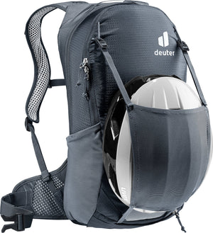Deuter Race Air 10 carrying a white bike helmet in the integrated helmet net