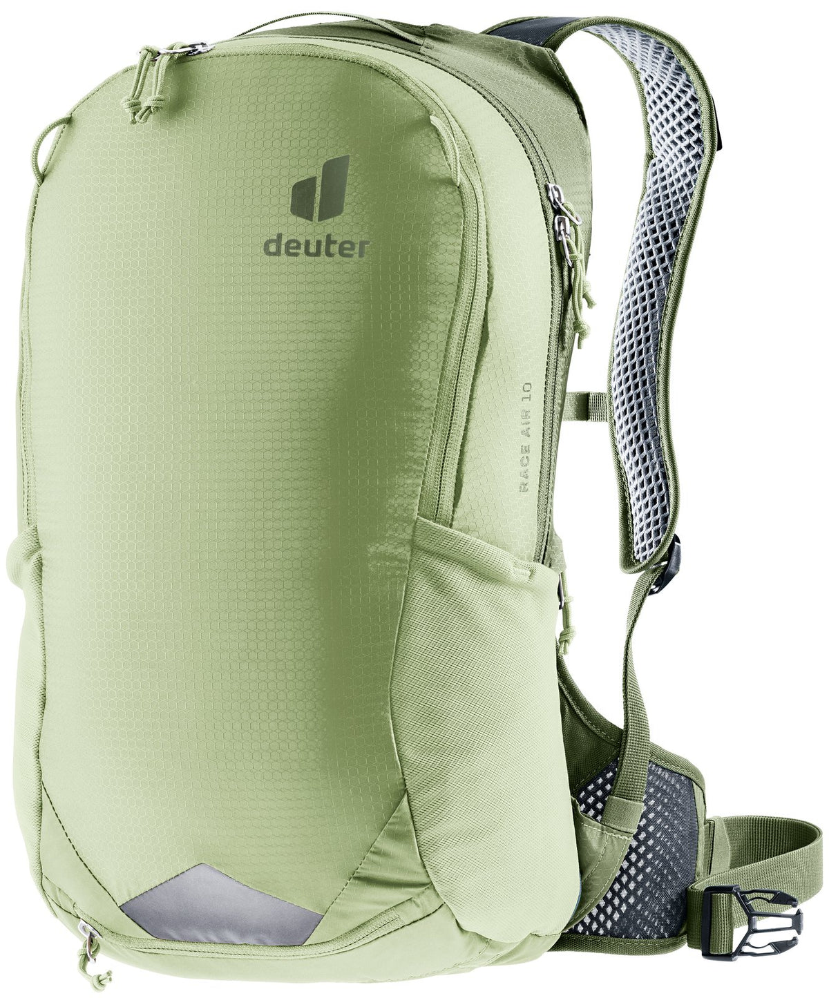 Deuter Race Air 10 in Mineral Grove, pale green bike pack with darker green hip fins