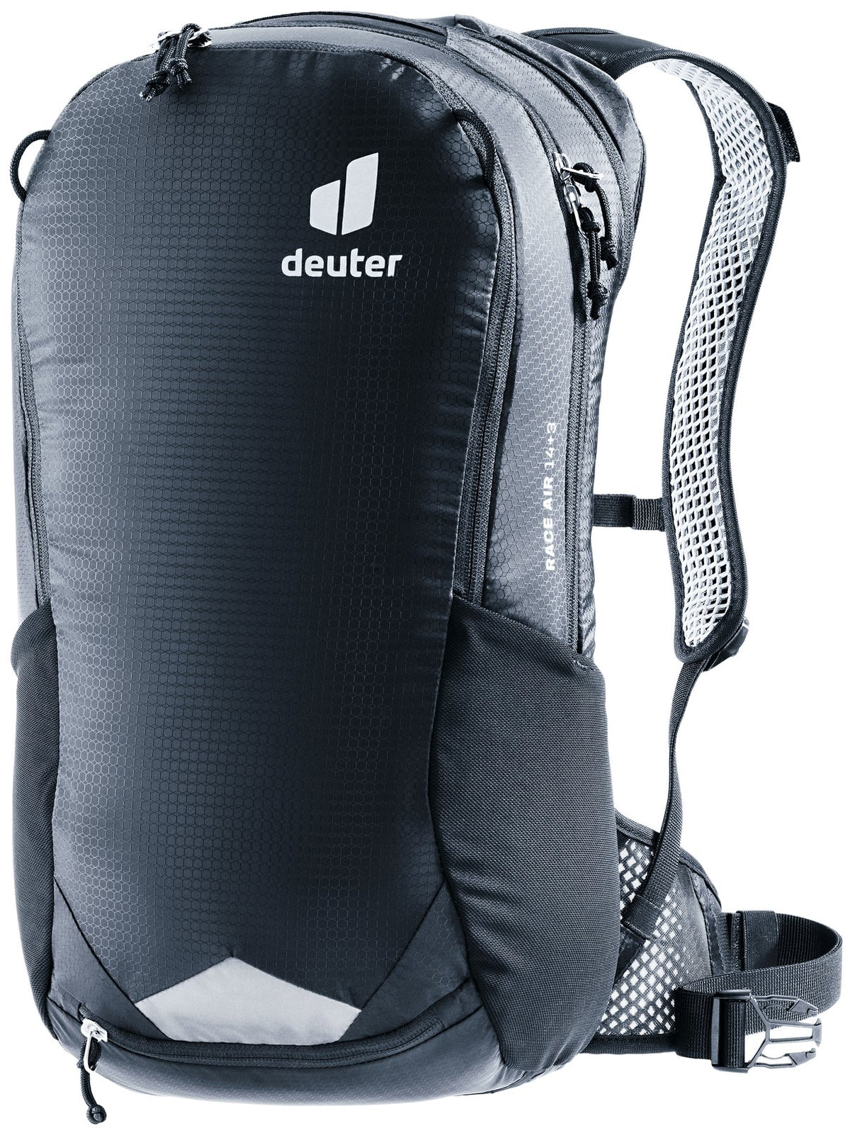 Deuter Race Air 14+3 bike backpack in Black, front three-quarter view with reflective patch
