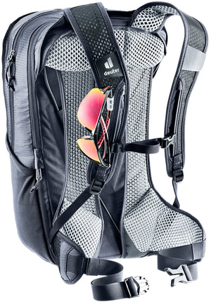 Deuter Race Air 14+3 with sunglasses in the glasses stow on the shoulder strap
