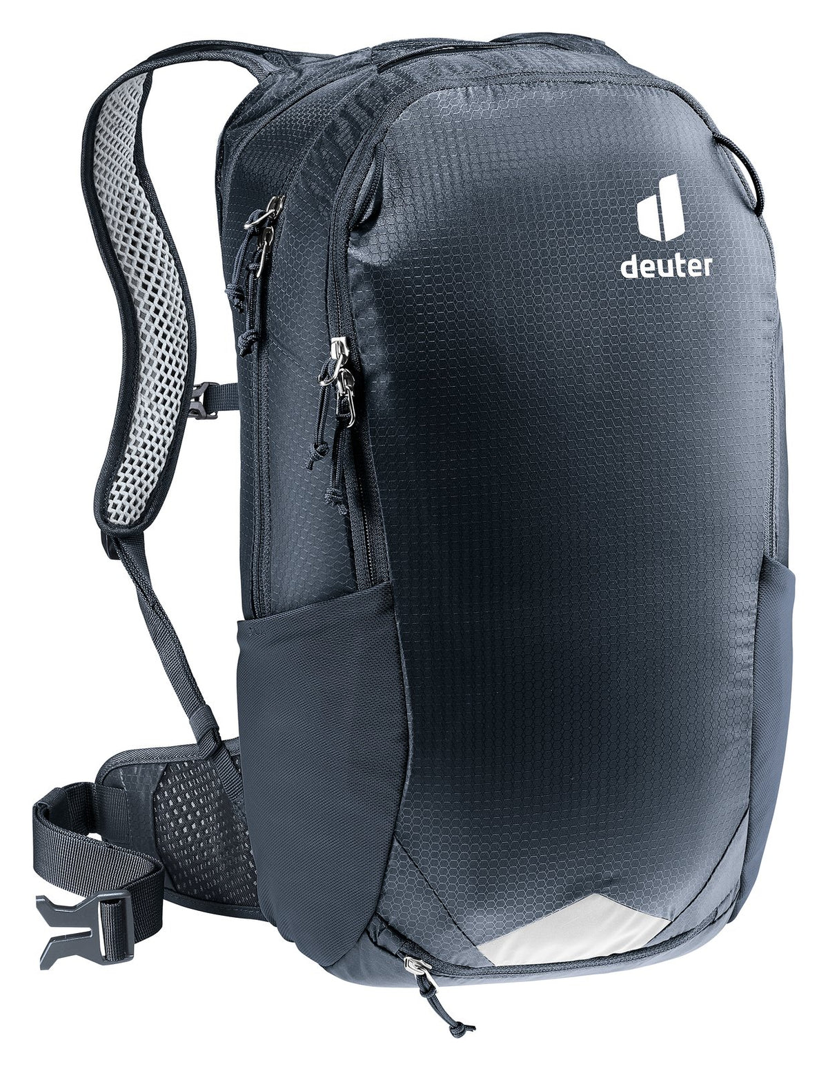 Deuter Race Air 14+3 in Black, front three-quarter view showing the side pocket