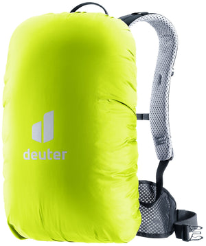 Deuter Raincover Mini in Neon high-visibility yellow fitted over a small day pack