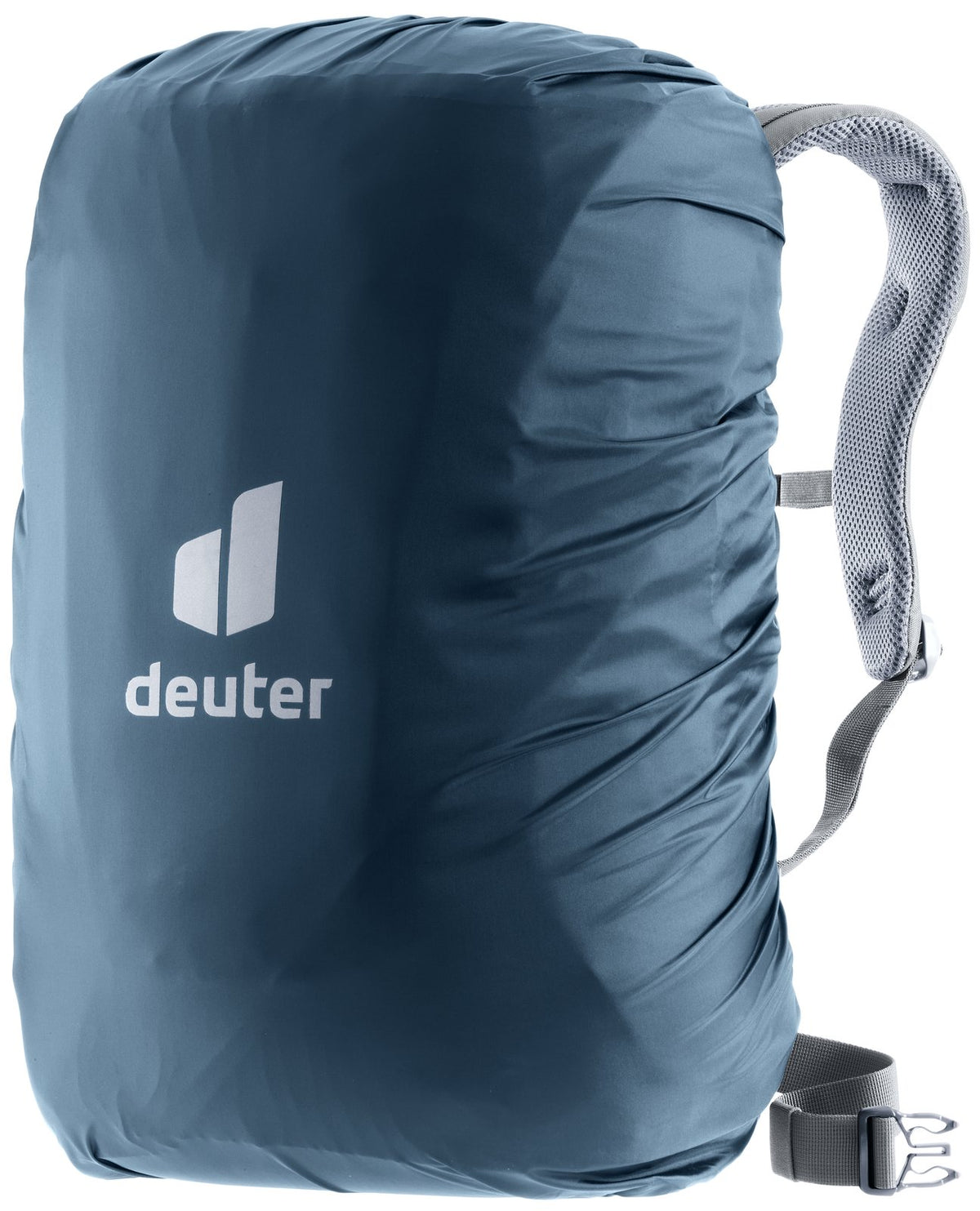 Deuter Raincover Square in Ara blue fitted over a daypack, shoulder straps visible