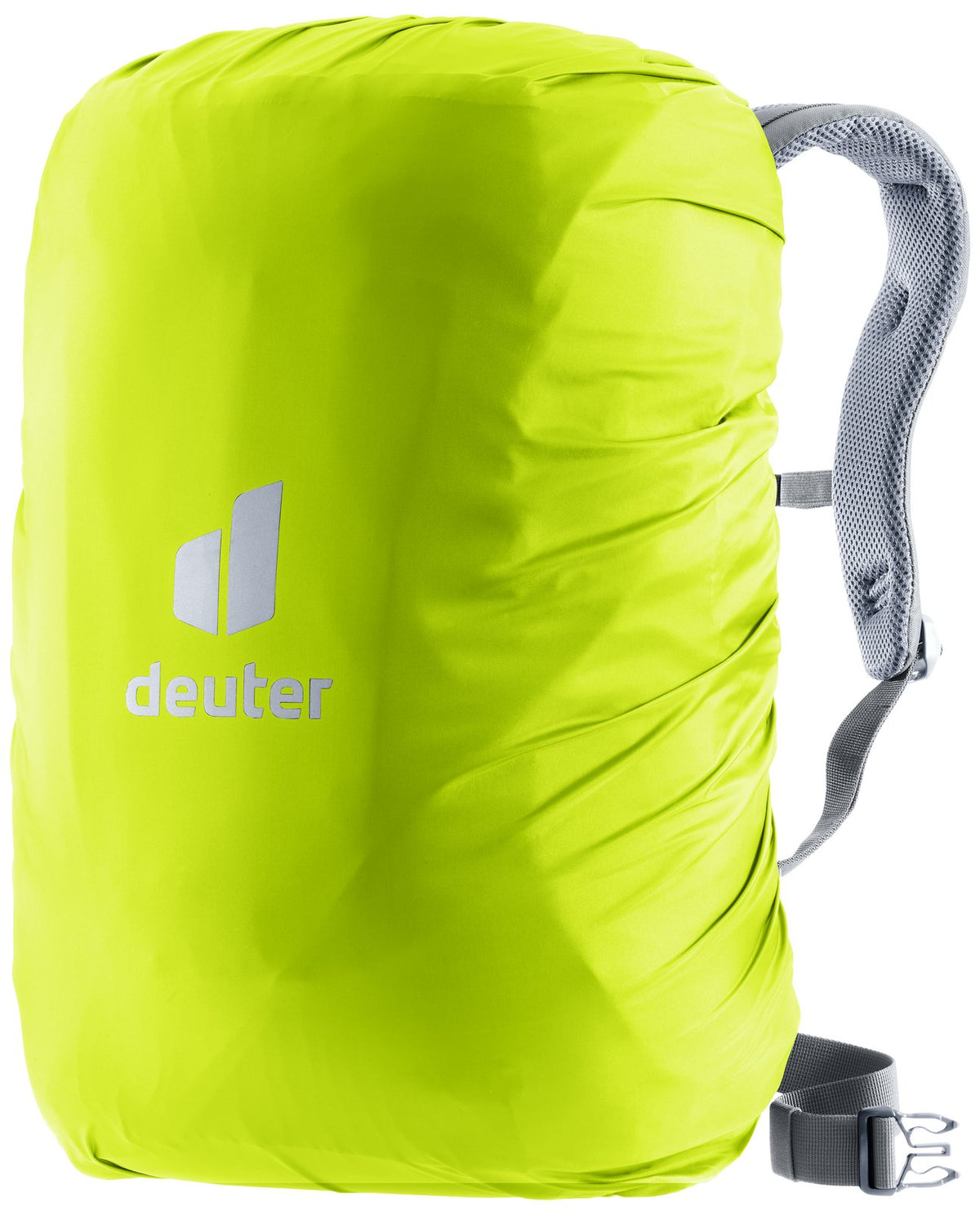 Deuter Raincover Square in Neon high-visibility yellow fitted over a daypack