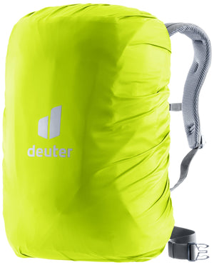 Deuter Raincover Square in Neon high-visibility yellow fitted over a daypack