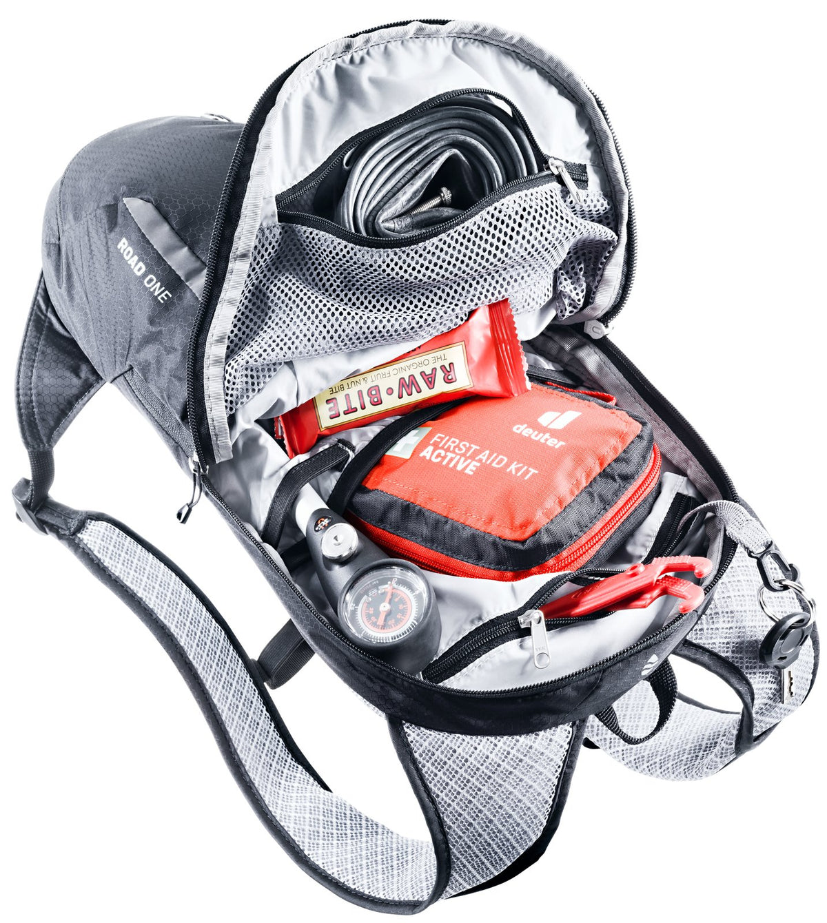 Deuter Road One opened, showing a spare tube, first aid kit, snack bar and pump inside