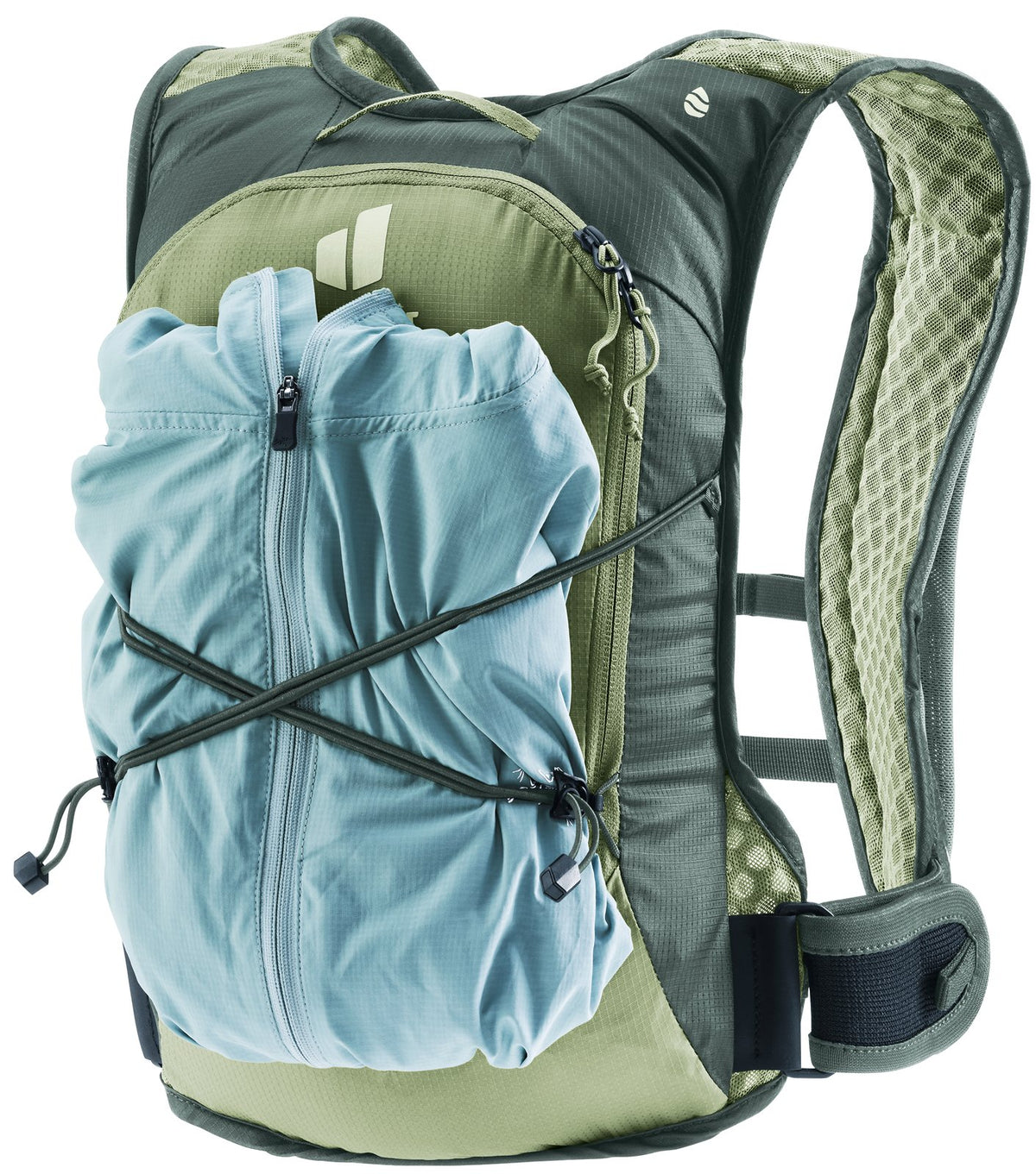 Deuter Rogla 5 with a blue wind jacket held under the front bungee cord