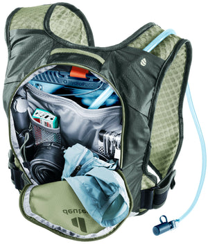 Deuter Rogla 5 opened wide with a hydration bladder, tools and jacket inside