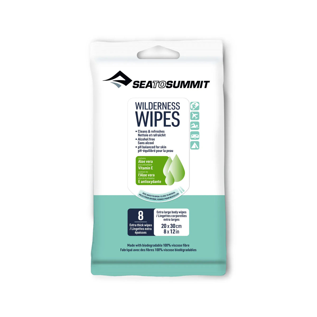 Sea to Summit Wilderness Wipes 8 Pack of extra-large body wipes in a white and teal packet