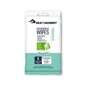 Sea to Summit Wilderness Wipes 8 Pack of extra-large body wipes in a white and teal packet