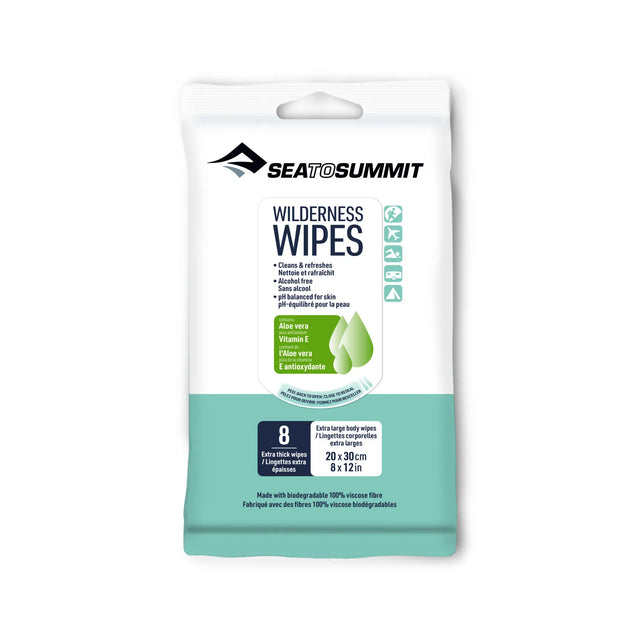 Sea to Summit Wilderness Wipes 8 Pack of extra-large body wipes in a white and teal packet