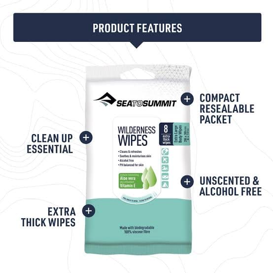 Wilderness Wipes packet with feature callouts: resealable, extra thick, unscented, alcohol free