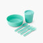 Passage Dinnerware Set in Aqua Sea laid out: bowl, lidded cup and four utensils