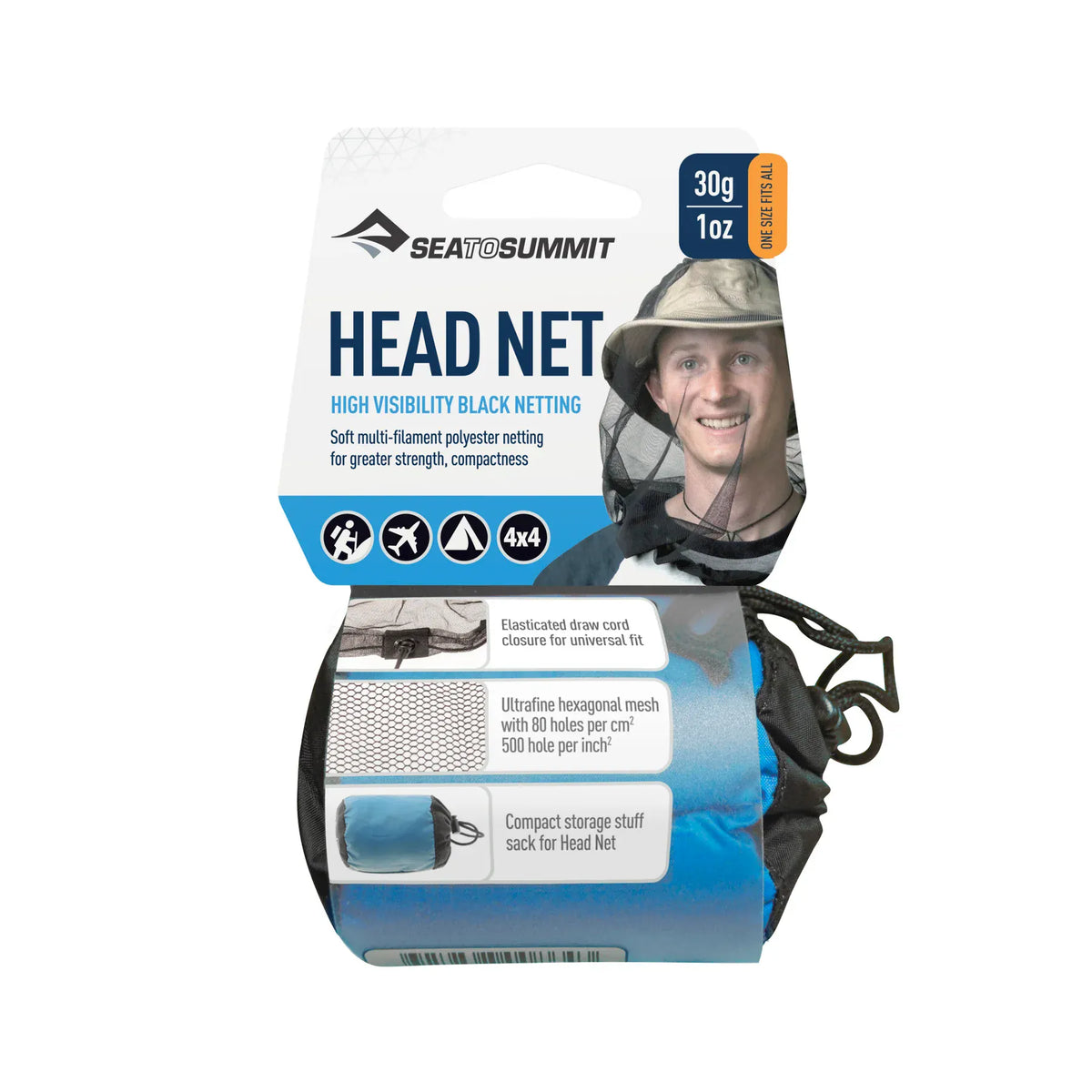 Sea to Summit Head Net in its retail packaging, listing the hexagonal mesh and drawcord
