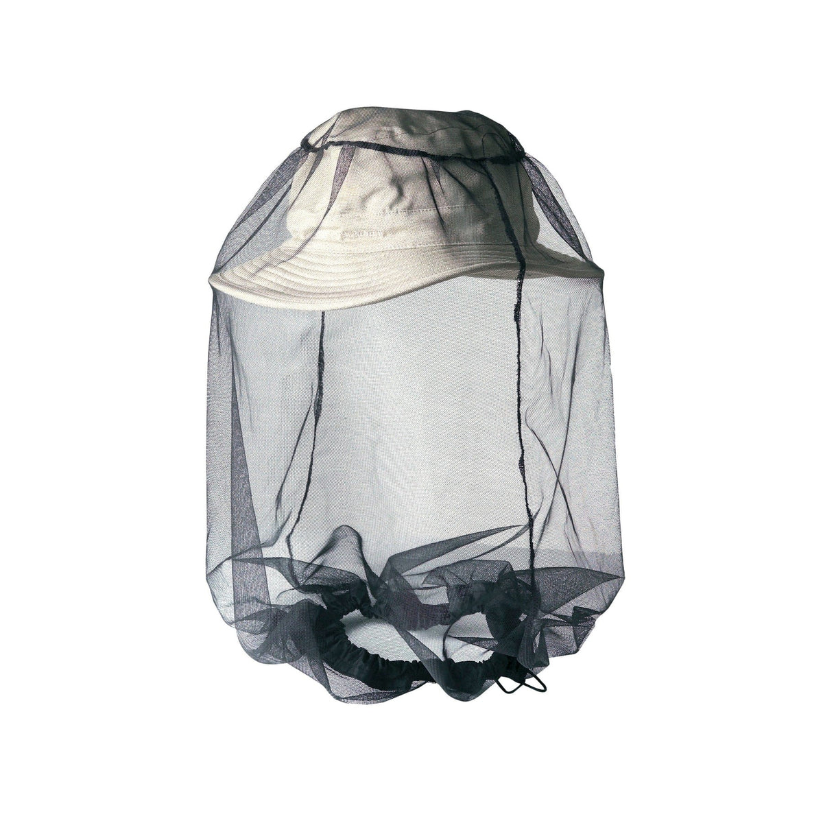 Sea to Summit Head Net in black mesh worn over a bucket hat, drawcord hanging at the neck