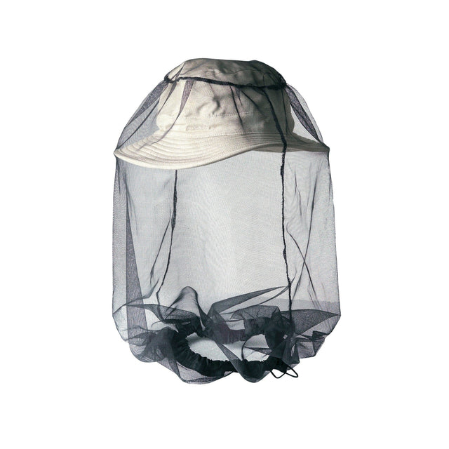 Sea to Summit Head Net in black mesh worn over a bucket hat, drawcord hanging at the neck