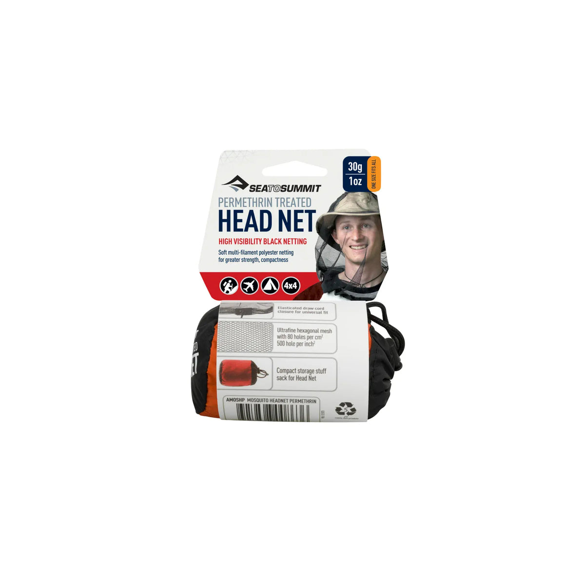 Sea to Summit Permethrin Treated Head Net retail card showing the mesh and stuff sack