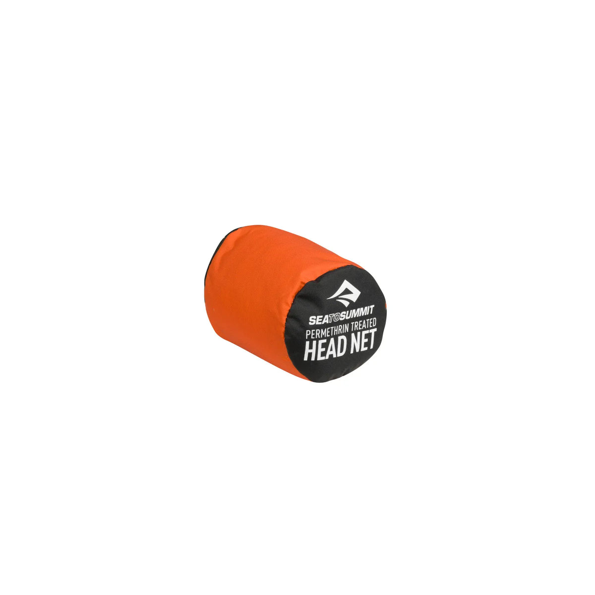 Orange stuff sack printed 'Permethrin Treated Head Net', seen end-on