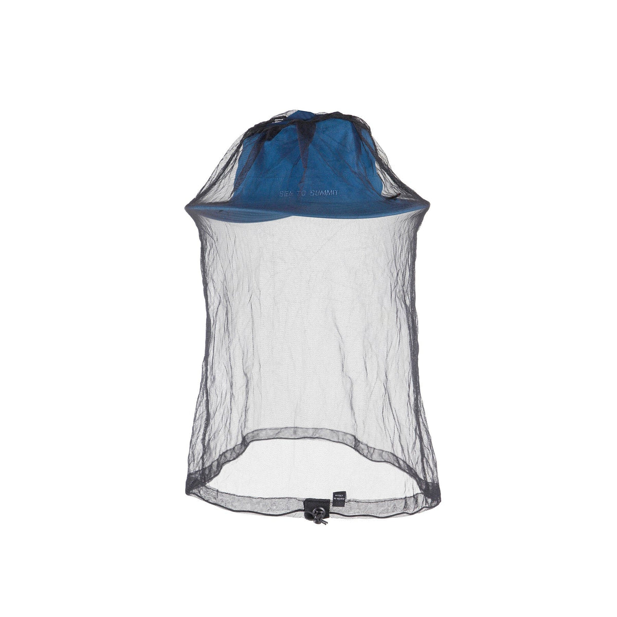 Sea to Summit Head Net [Permethrin] in black mesh over a blue cap, drawcord and toggle at the hem