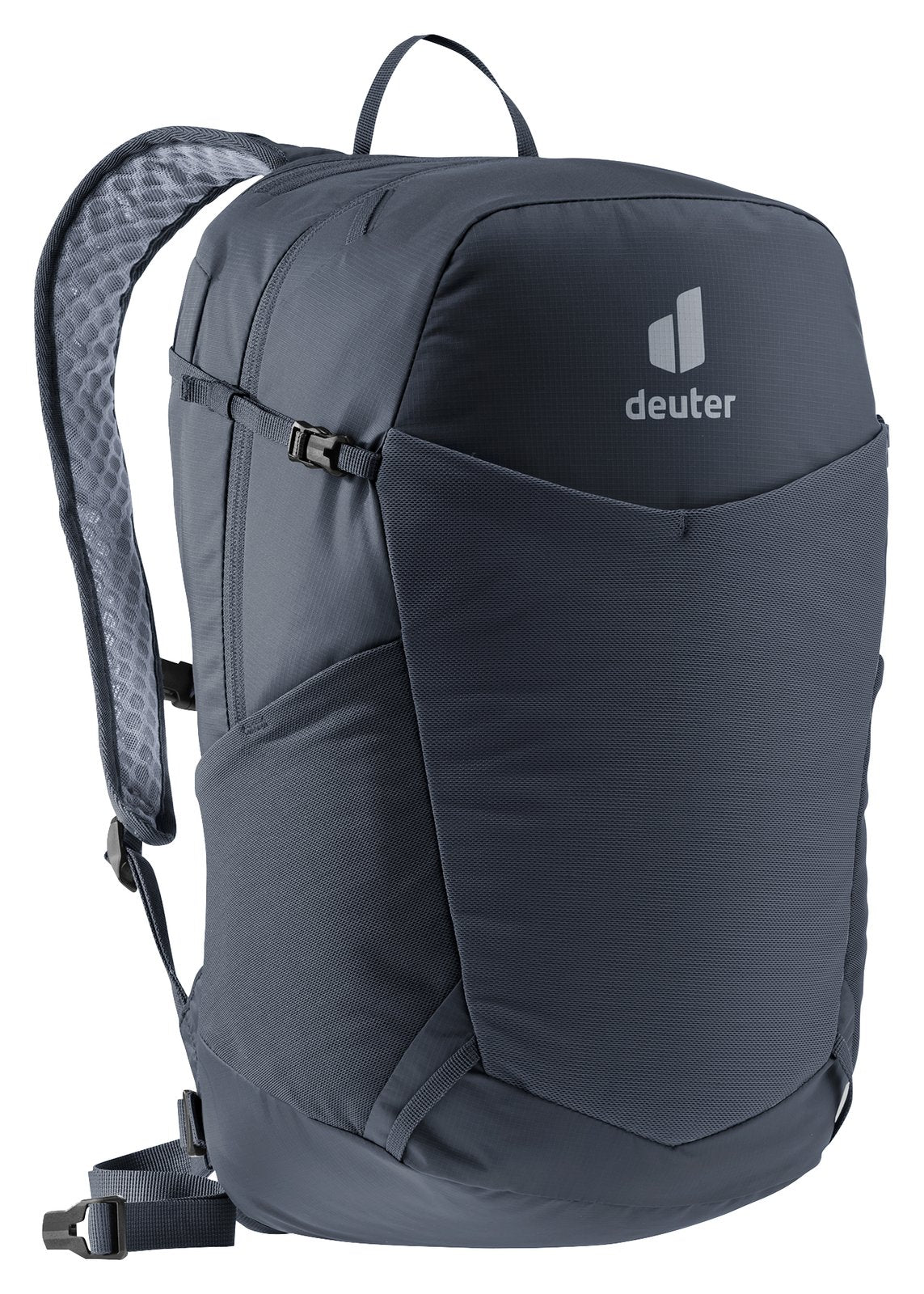 Deuter Speed Lite 21 in Black, side three-quarter view of the shoulder strap and side pocket