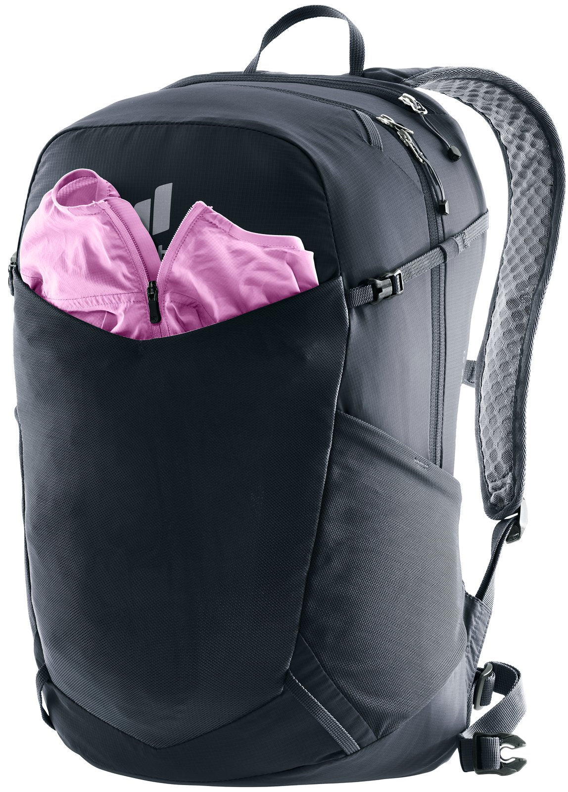 Deuter Speed Lite 21 with a pink jacket stuffed into the stretch mesh front pocket
