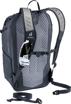 Deuter Speed Lite 21 with sunglasses clipped to the shoulder strap and the waist belt detached