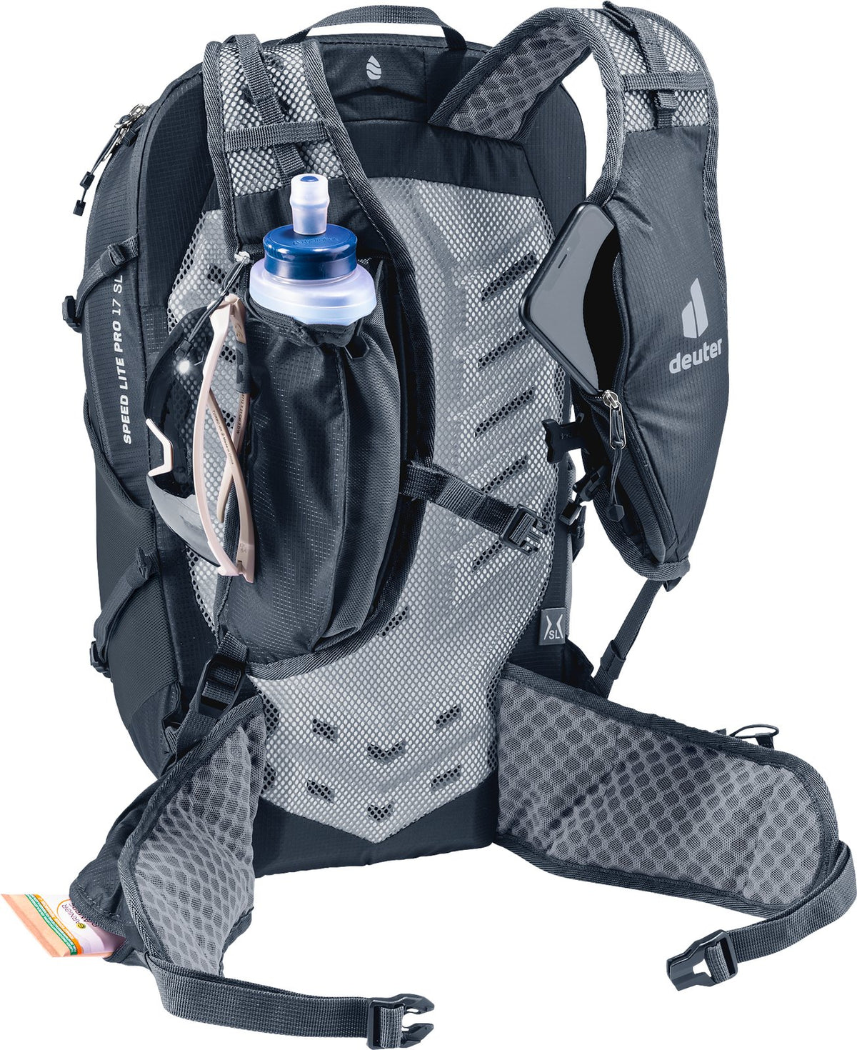 Deuter Speed Lite Pro 17 SL with a soft flask in the shoulder strap pouch
