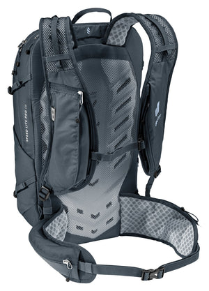Deuter Speed Lite Pro 19 rear three-quarter view of the vest harness and hip fins