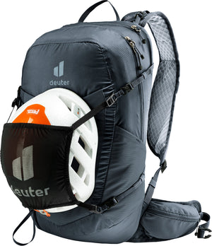 Deuter Speed Lite Pro 19 carrying a climbing helmet in a mesh helmet holder, sold separately