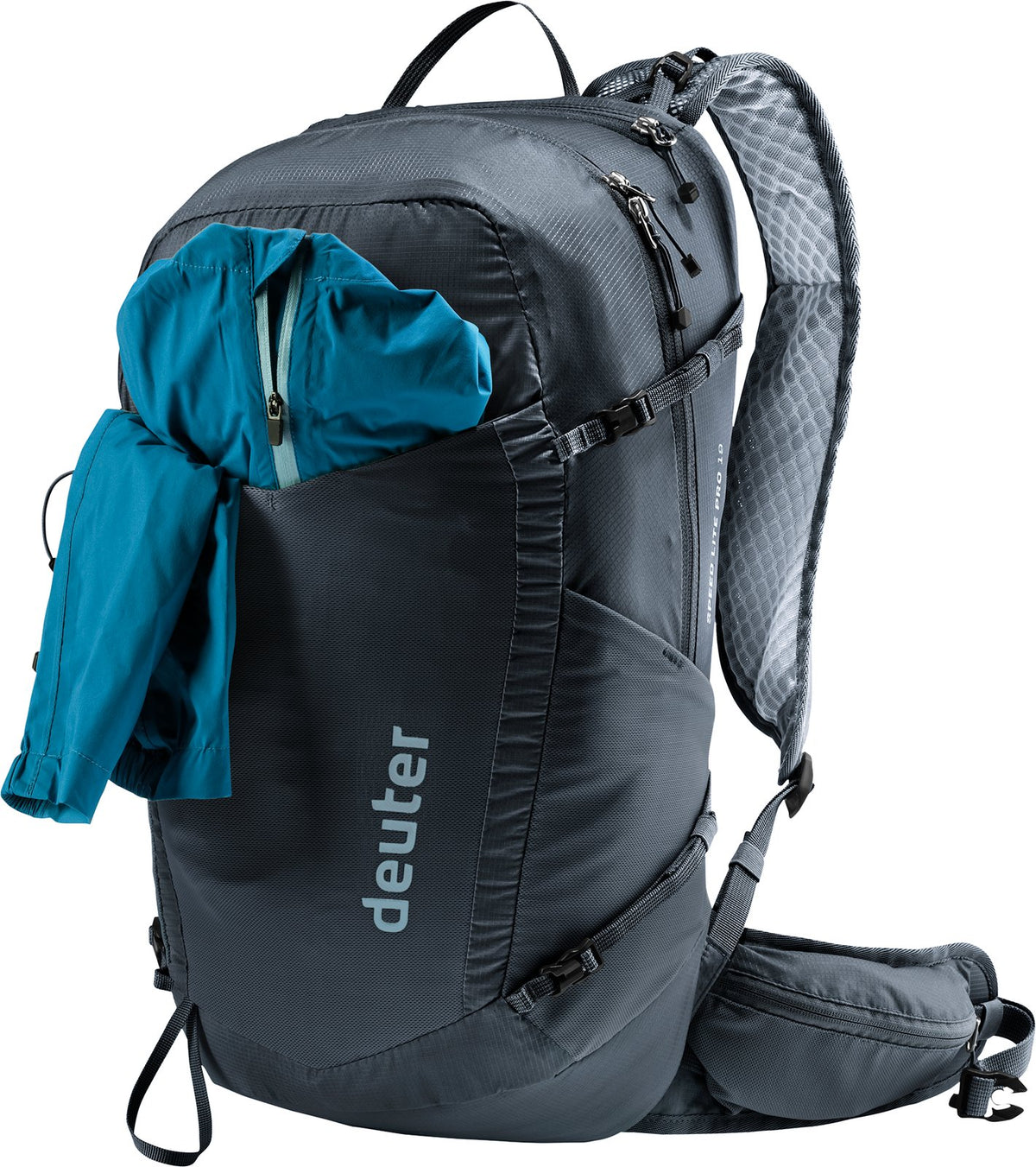 Deuter Speed Lite Pro 19 with a blue jacket stuffed into the mesh front pocket