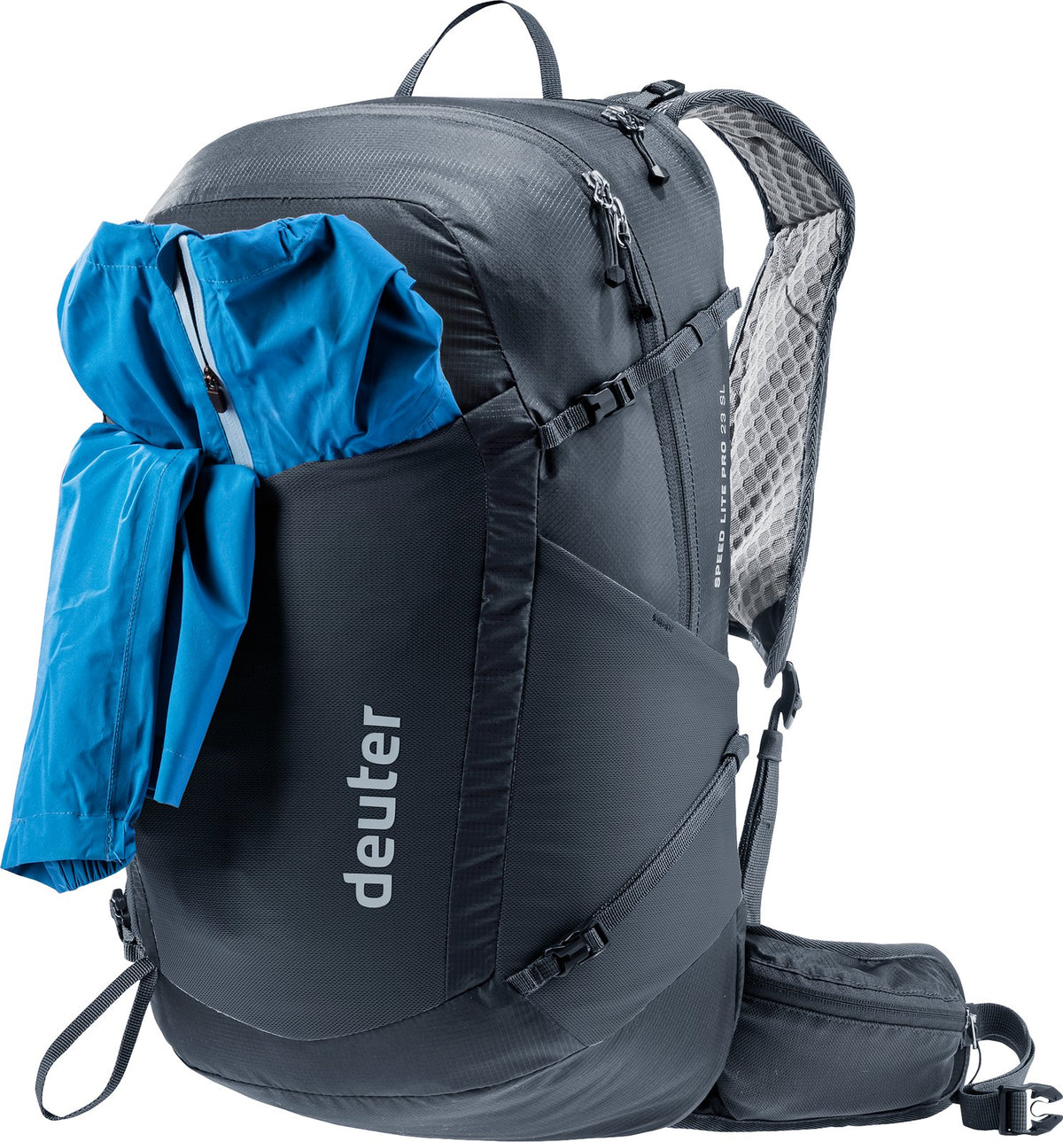 Deuter Speed Lite Pro 23 SL with a blue jacket stuffed into the mesh front pocket