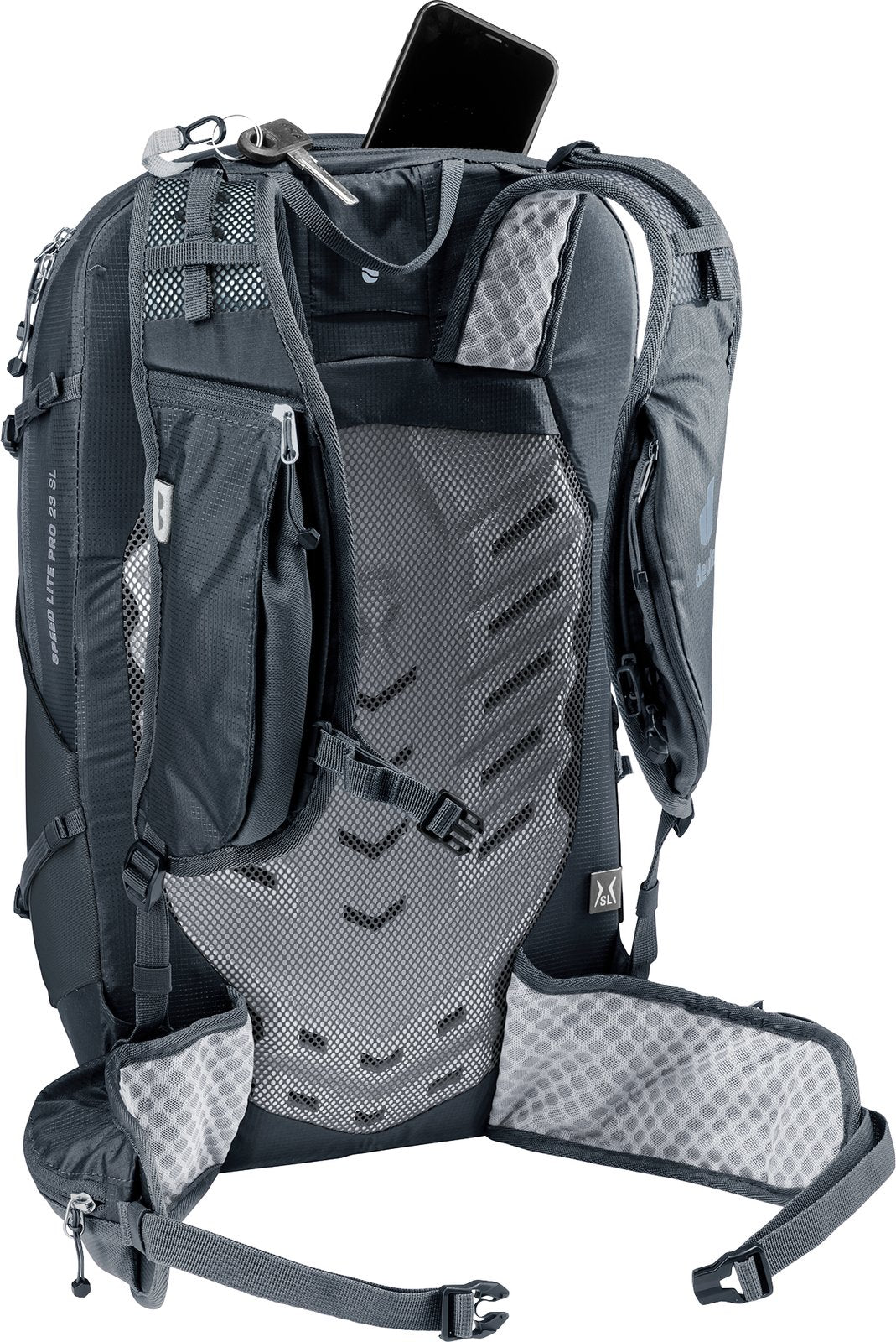 Deuter Speed Lite Pro 23 SL harness with a phone in the shoulder strap pocket
