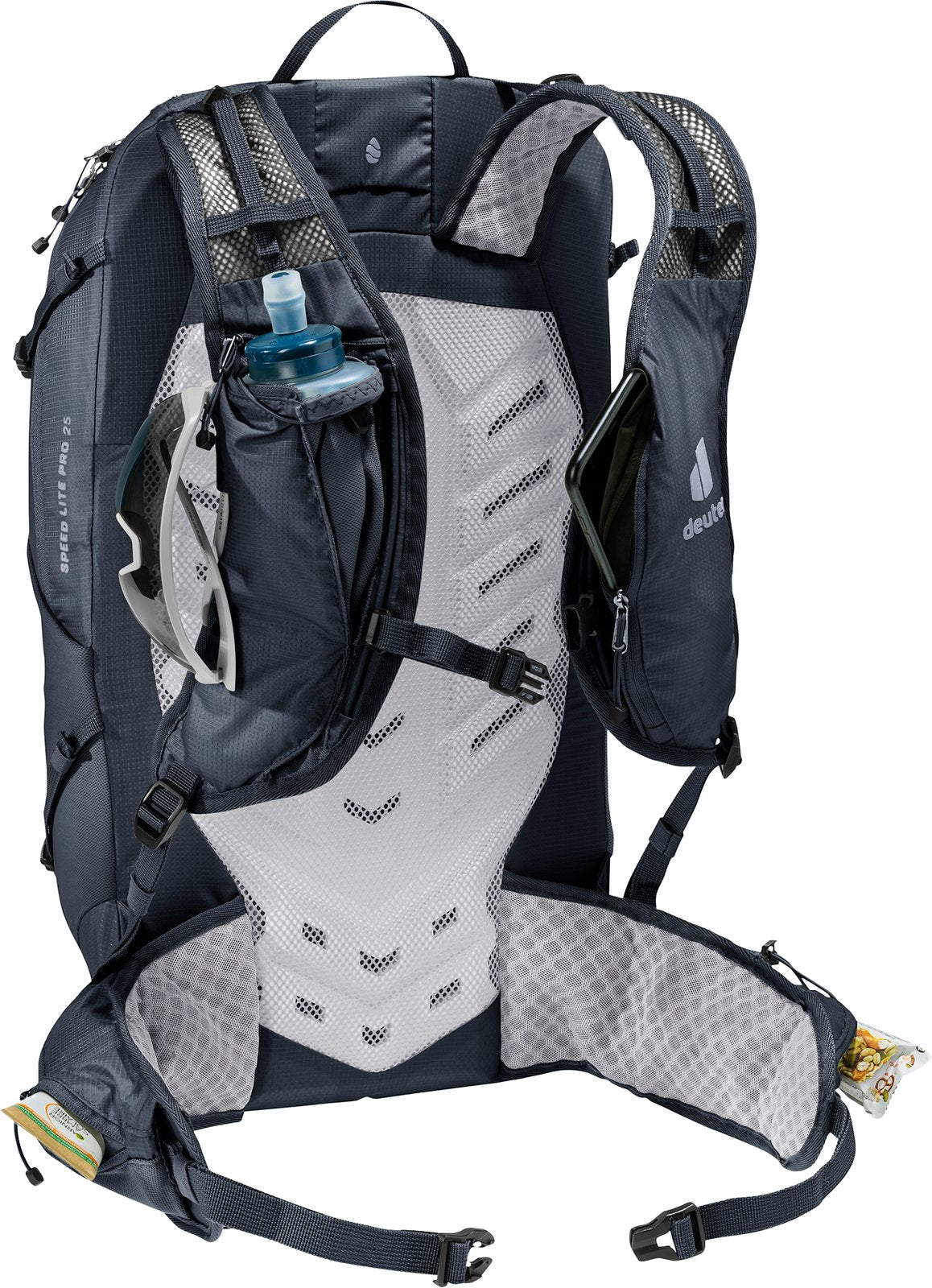 Deuter Speed Lite Pro 25 harness with a soft flask in the shoulder strap pouch