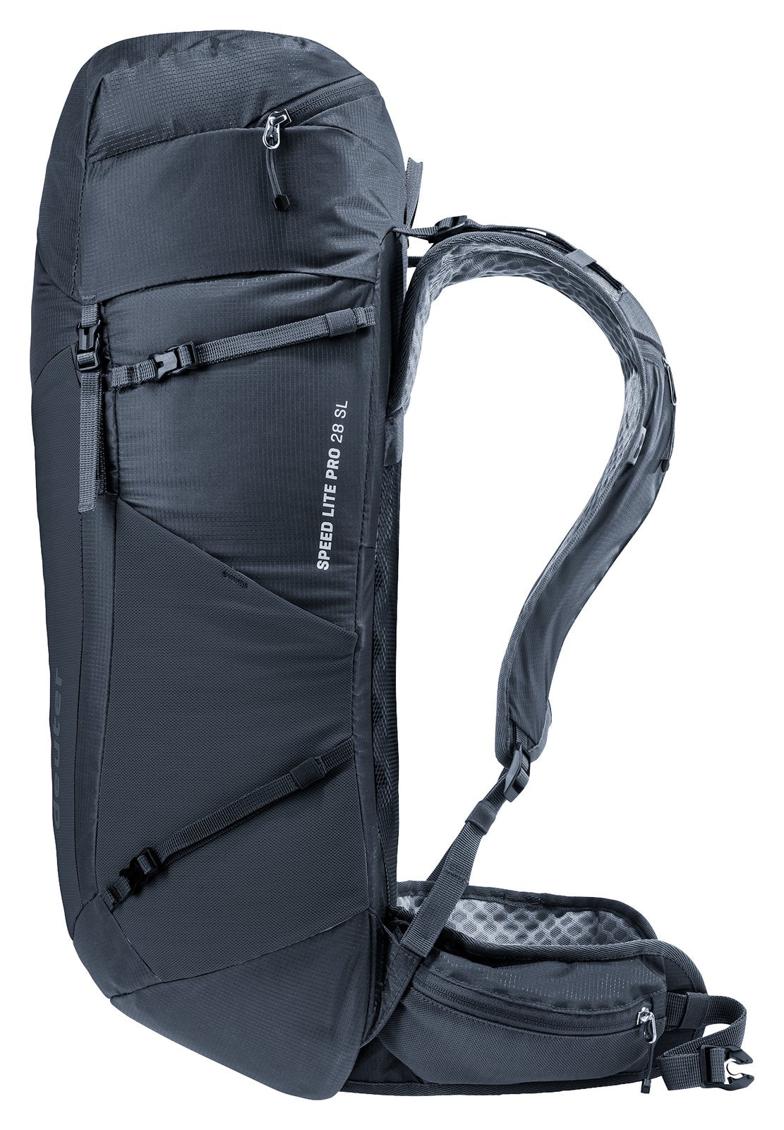 Deuter Speed Lite Pro 28 SL side view of the shoulder strap and hip fin