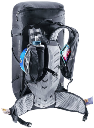 Deuter Speed Lite Pro 28 SL harness with soft flasks and a phone in the shoulder strap pockets