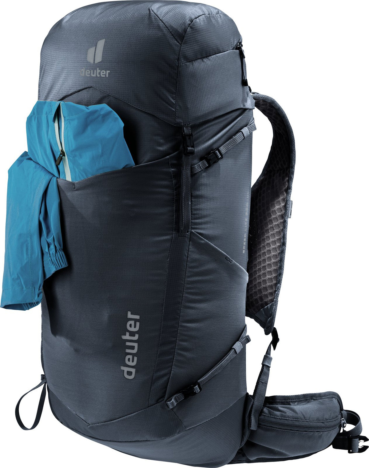 Deuter Speed Lite Pro 30 with a jacket tucked in the mesh front pocket