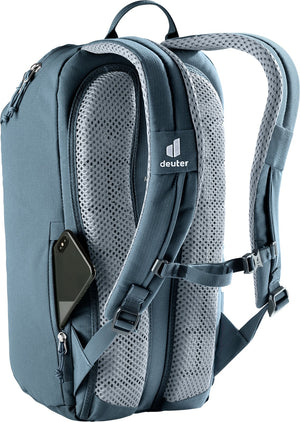 Deuter Stepout 16 with a phone in the side pocket against the back panel