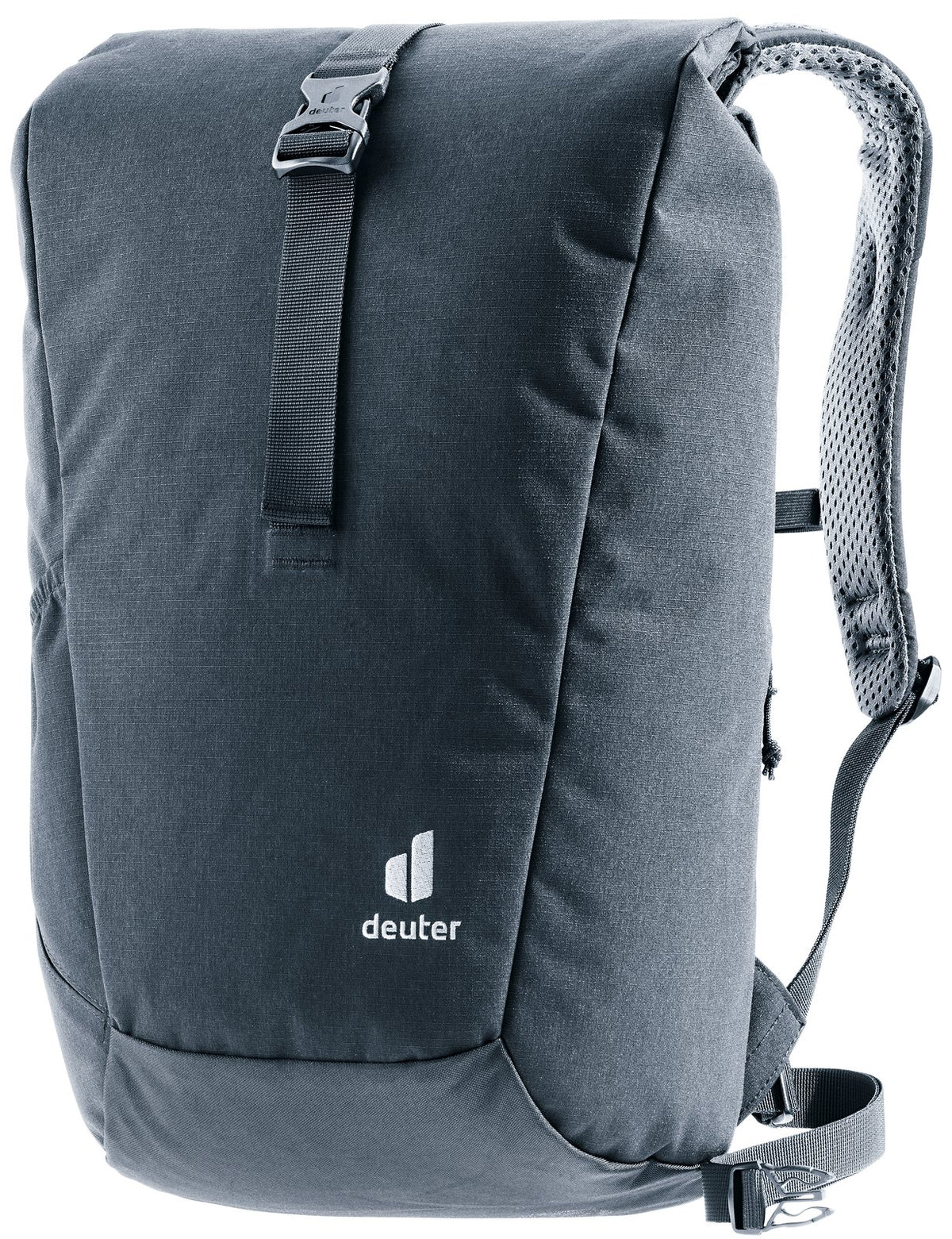 Deuter Stepout 22 roll-top backpack in Black, front three-quarter view with buckled roll-top