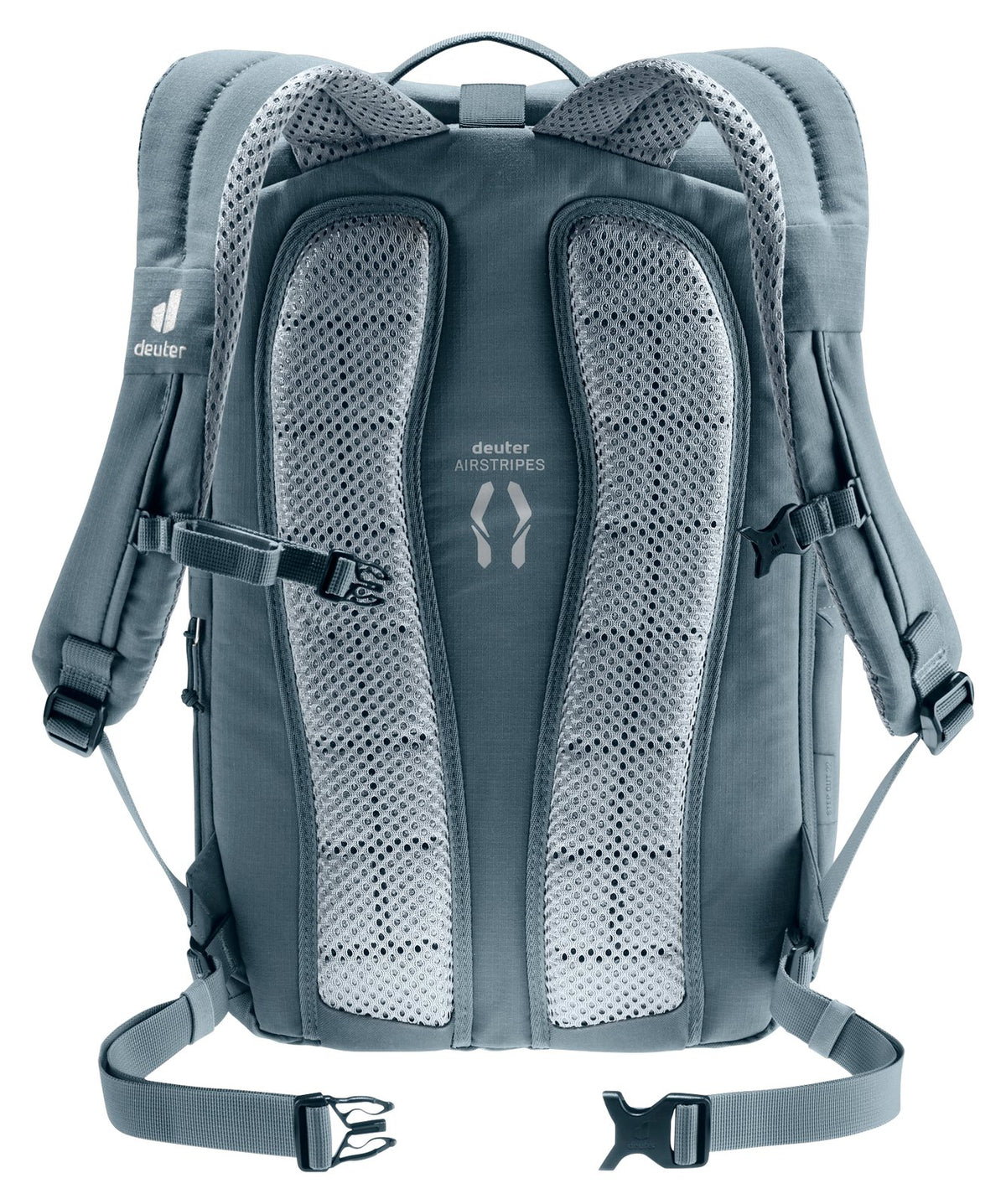 Back of the Deuter Stepout 22 showing the Airstripes pads, shoulder straps and waist belt